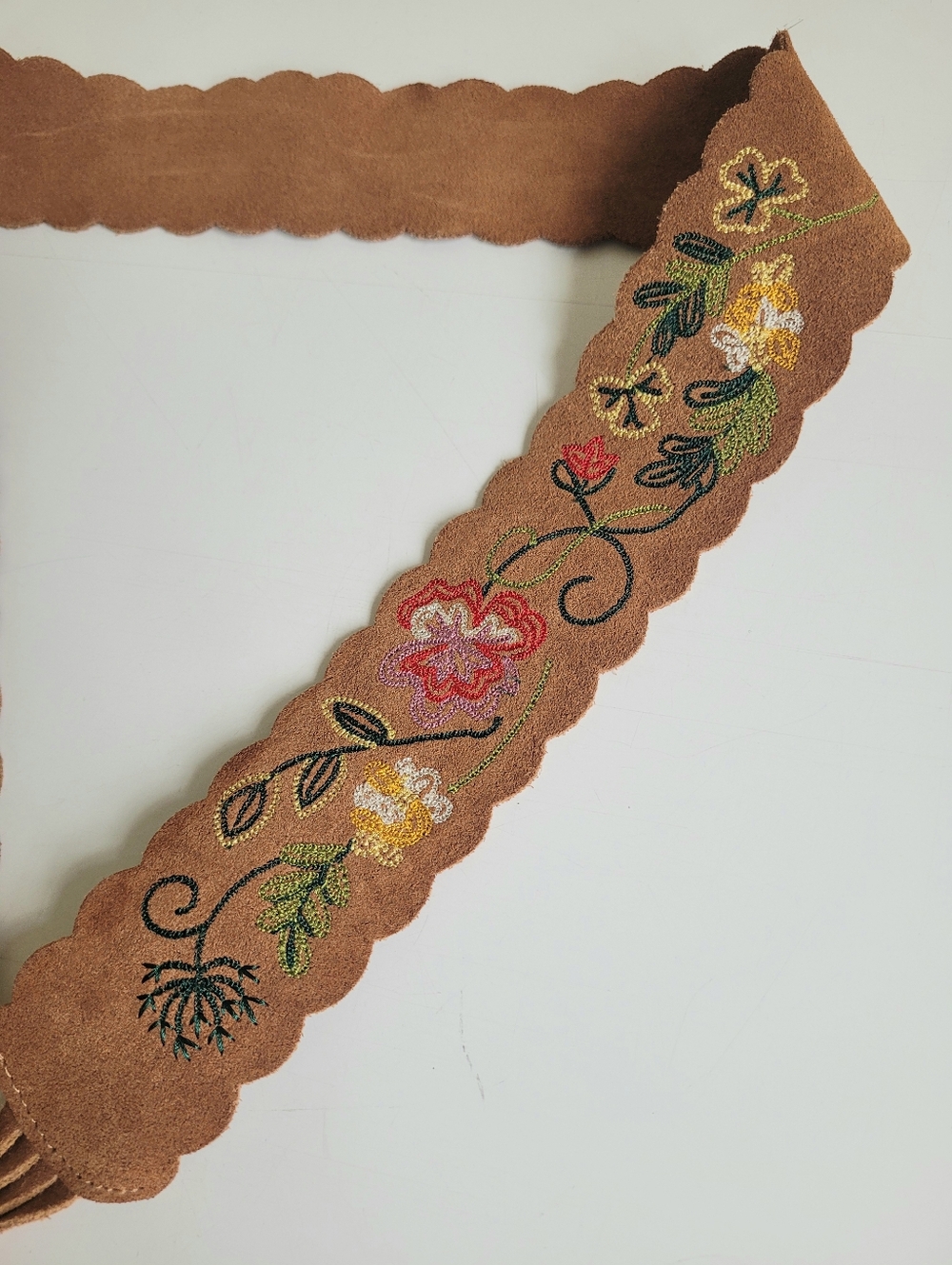 Western Boho Embroidered Suede Fringe Tie Belt - Tan - Picture 5 of 7